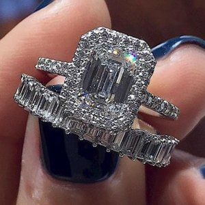 🌸Engagement Radiant CZ Micro Pave Silver Plated Wedding Ring Set, UNVN12329